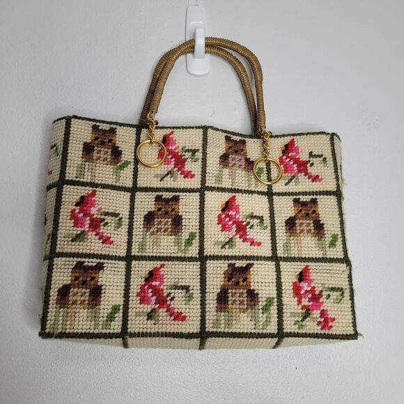 Retro Cardinal Owl Needle Point Cross Stitch Patchwork Quirky Tote Bag - Picture 1 of 8
